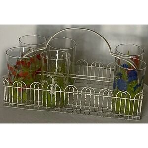 Vintage Drinking Glasses w/ White Metal Carrier Possible Hazel Atlas-Mid Century